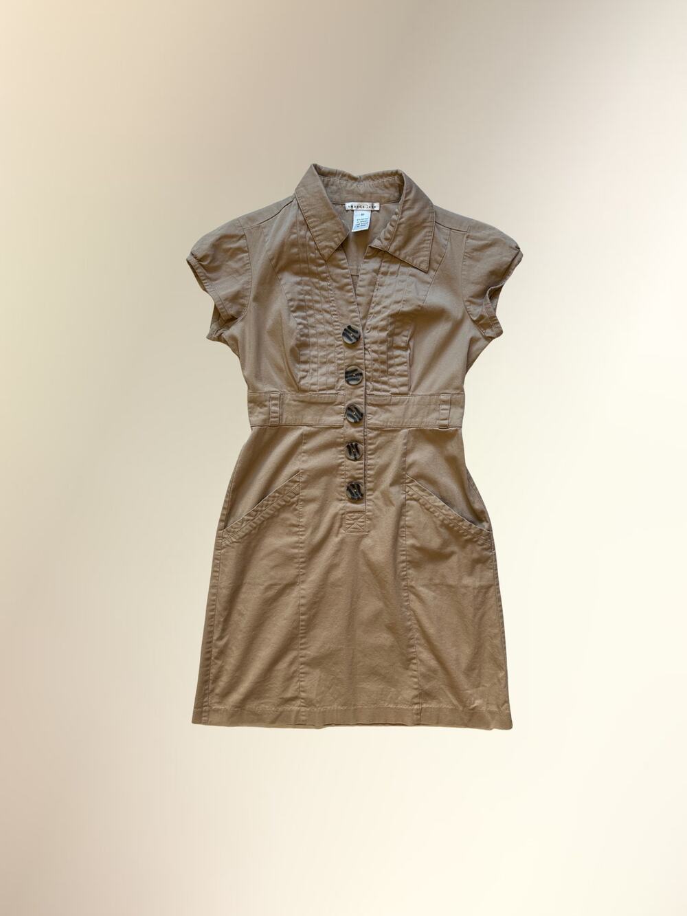 Y2K Amanda Lane Khaki Beige Collared Cap Sleeve Button Front Dress Women's 4P